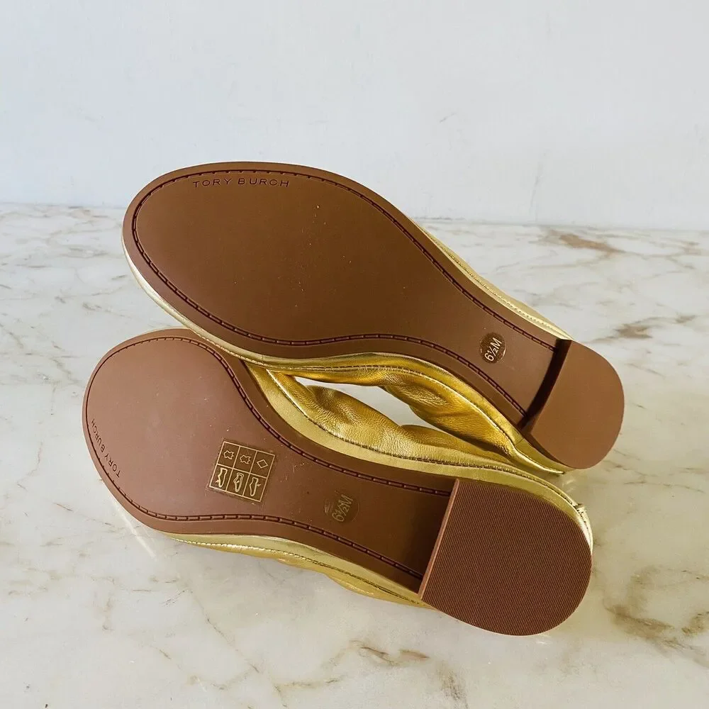 TORY BURCH Solid Metallic Gold Leather Bendable Ballerina Flats - US 6.5 - Picture 8 of 8